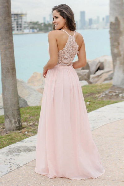V-neck Blush Pink Chiffon Lace Bridesmaid Dresses, A-line Bridesmaid Dresses, Long Bridesmaid Dresses