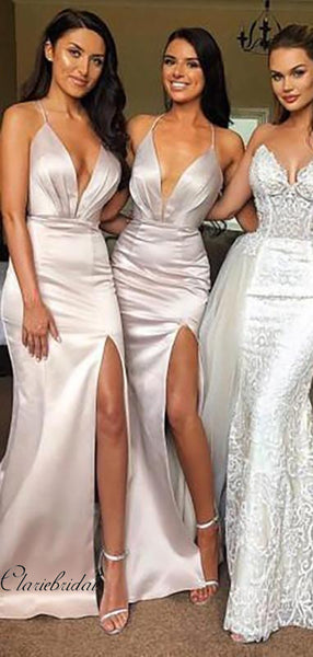 V-neck High Slit Bridesmaid Dresses, Spaghetti Straps Bridesmaid Dresses