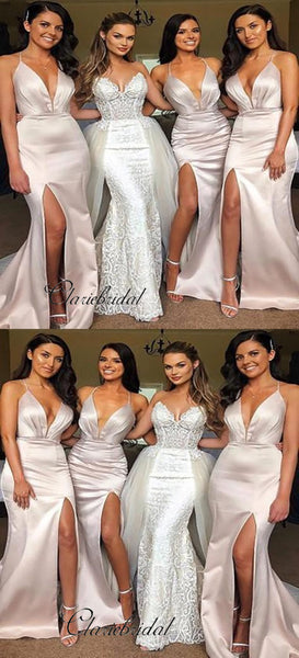 V-neck High Slit Bridesmaid Dresses, Spaghetti Straps Bridesmaid Dresses