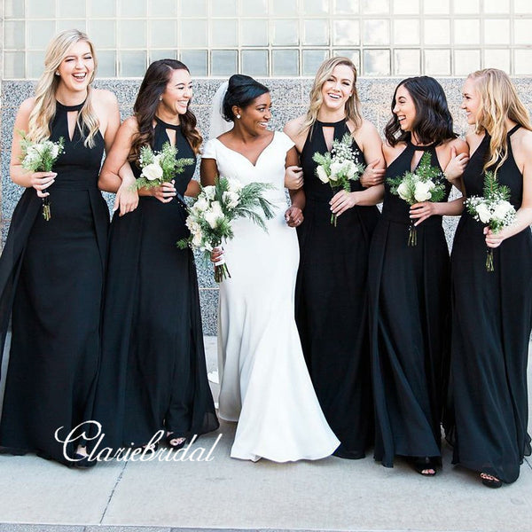 Long A-line Black Chiffon Bridesmaid Dresses With Key Hole