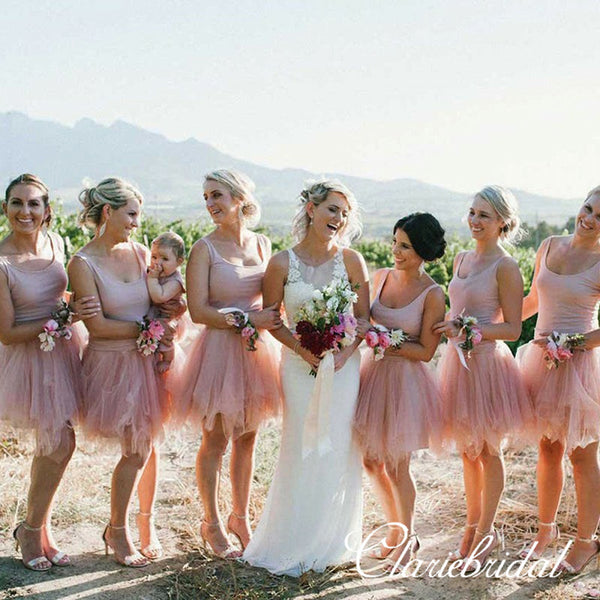 Nude Color Short Tulle Beach Wedding Guest Dresses, Bridesmaid Dresses