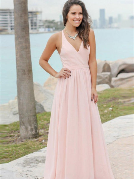 V-neck Blush Pink Chiffon Lace Bridesmaid Dresses, A-line Bridesmaid D – ClaireBridal