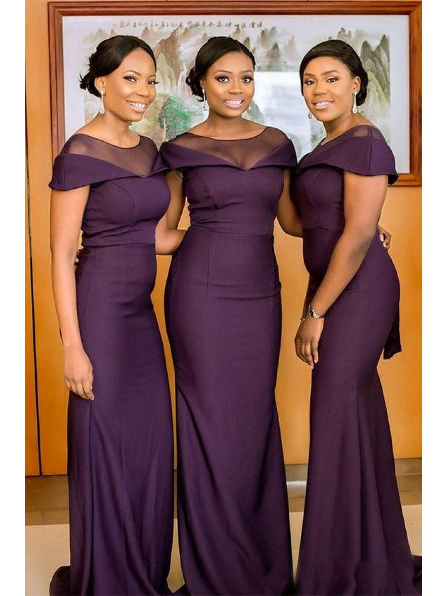 Elegant Long Mermaid Purple Bridesmaid Dresses, Short Sleeves Bridesmaid  Dresses, Cheap Bridesmaid Dresses