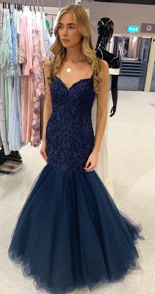 Spaghetti Long Navy Tulle Beaded Prom Dresses, Luxury Prom Dresses, Popular Prom Dresses