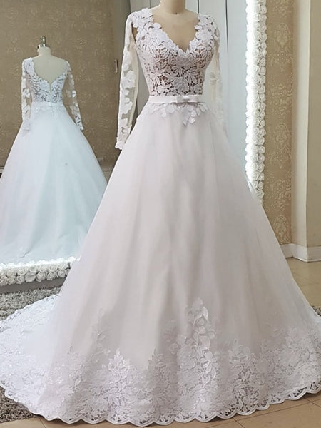 Long Sleeves Lace Wedding Dresses, A-line Wedding Dresses, Bridal Ball Gowns