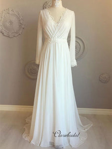 Long Sleeves V-neck Wedding Dresses, Simple Design Chiffon Lace Wedding Dresses