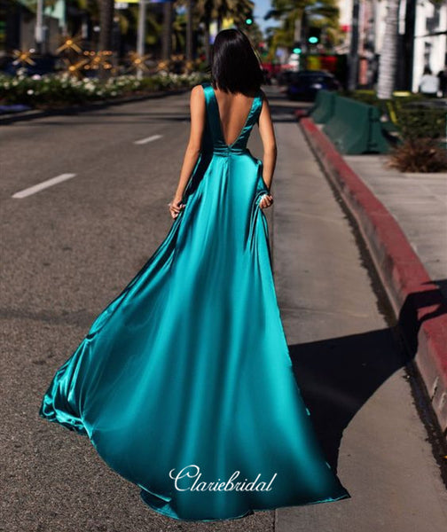 Deep V-neck Simple Design Prom Dresses, High Slit A-line Prom Dresses