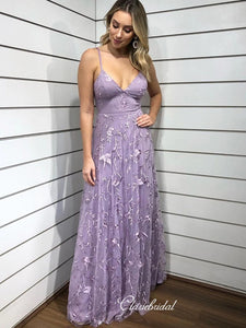 Spaghetti Straps Elegant Long Prom Dresses, Lace Fashion Prom Dresses 2020