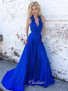 Newest Halter Long Prom Dresses, Royal Blue A-line Popular Prom Dresses
