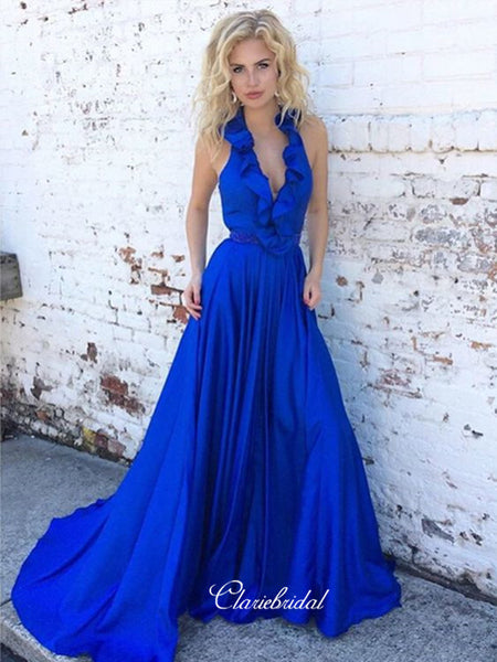 Newest Halter Long Prom Dresses, Royal Blue A-line Popular Prom Dresses