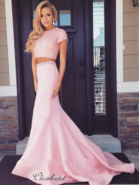 Two Pieces 2020 Newest Prom Dresses, Mermaid Pearls Prom Dresses Long