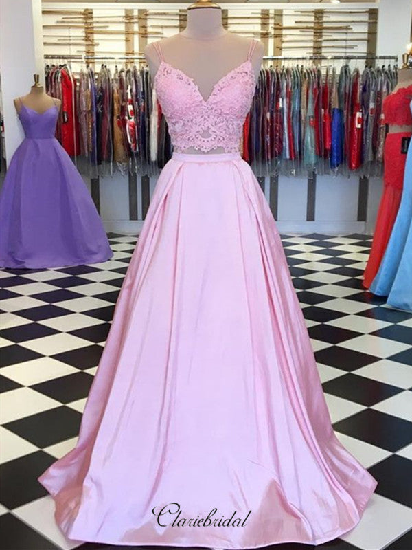 Satin A-line Long Prom Dresses, 2 Pieces Lace Prom Dresses