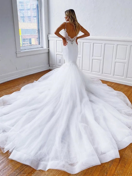 Spaghetti Long Mermaid White Lace Tulle Wedding Dresses, Long Train Wedding Dresses, Mermaid Wedding Dresses