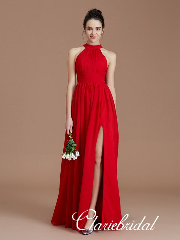 Lovely A-line Red Chiffon Side Slit Long Bridesmaid Dresses