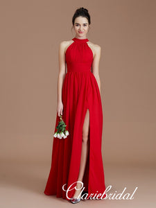 Lovely A-line Red Chiffon Side Slit Long Bridesmaid Dresses