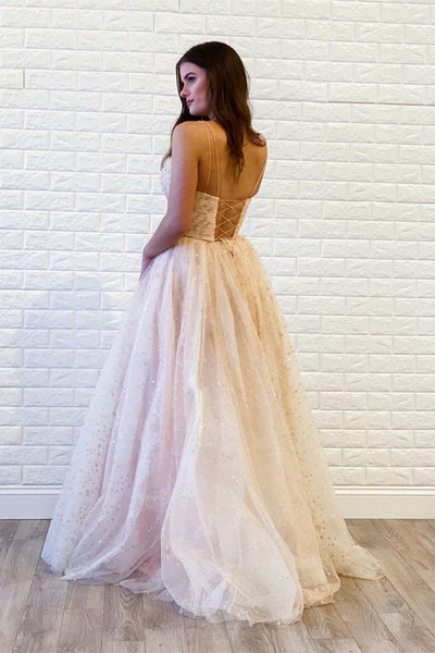 Spaghetti Long A-line Star Sequin Tulle Prom Dresses, Shiny Prom Evening Dresses