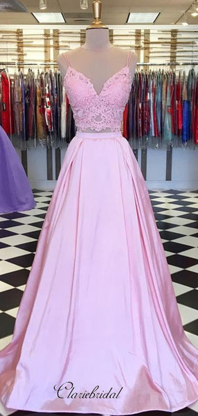 Satin A-line Long Prom Dresses, 2 Pieces Lace Prom Dresses