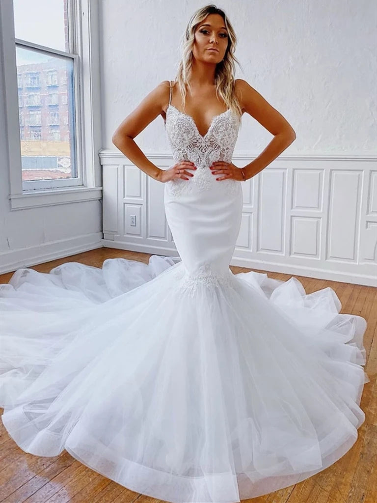 Spaghetti Long Mermaid White Lace Tulle Wedding Dresses, Long Train Wedding Dresses, Mermaid Wedding Dresses