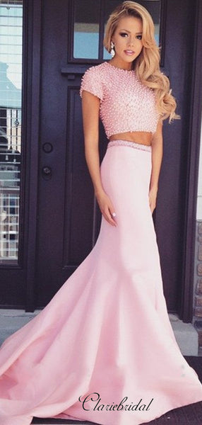 Two Pieces 2020 Newest Prom Dresses, Mermaid Pearls Prom Dresses Long