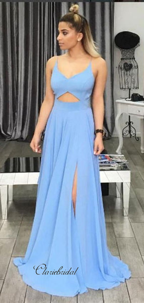 Spaghetti Straps Prom Dresses Long, Open Back High Slit Prom Dresses