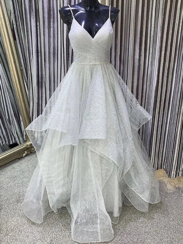 Spaghetti Straps Shiny Long Prom Dresses, Elegant A-line Prom Dresses, 2020 Prom Dresses
