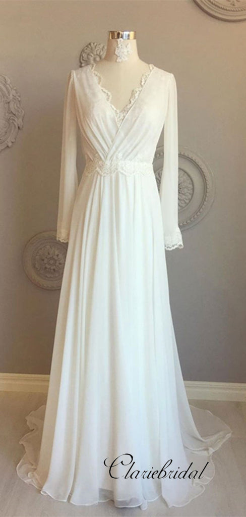 Long Sleeves V-neck Wedding Dresses, Simple Design Chiffon Lace Weddin ClaireBridal Long Sleeves V-neck Wedding Dresses, Simple Design Chiffon Lace Weddin ClaireBridal