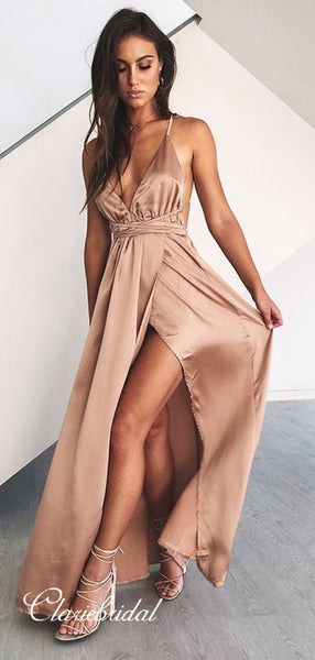 Spagehetti Straps High Slit Prom Dresses, Deep V-neck Sexy Prom Dresses Long