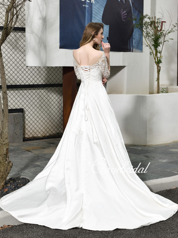 Half Sleeves Lace Satin Wedding Dresses, Long Wedding Dresses, Ivory S –  ClaireBridal