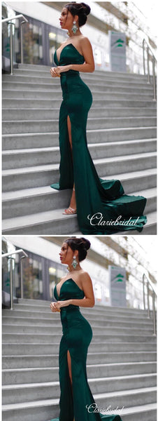 Strapless Sexy V-neck Prom Dresses, High Slit Mermaid Long Prom Dresses