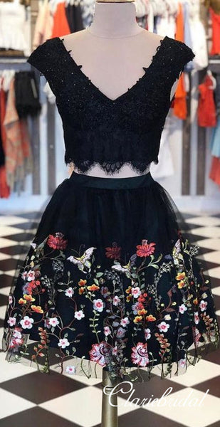 2 Pieces V-neck Black Lace Floral Tulle Homecoming Dresses