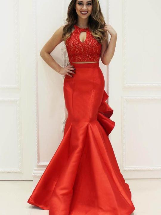 2 Pieces Red Lace Top Prom Dresses, Satin Mermaid Prom Dresses, Long Prom Dresses