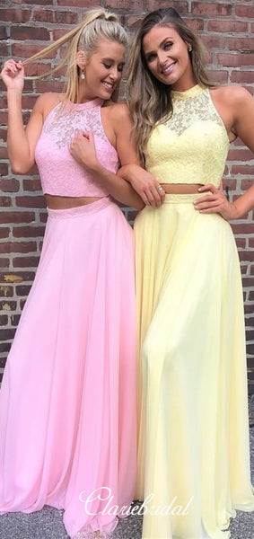 2 Pieces Long Prom Dresses, Illusion Top Prom Dresses, Chiffon Long Prom Dresses, 2020 Prom Dresses