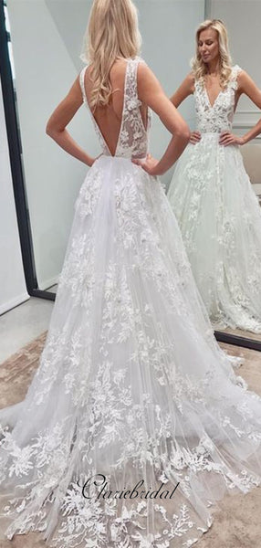 Deep V-neck Sexy A-line Tulle Wedding Dresses, Lace Design Bridal Gowns
