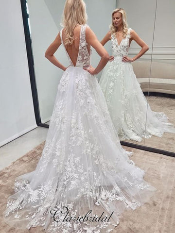 Deep V-neck Sexy A-line Tulle Wedding Dresses, Lace Design Bridal Gowns