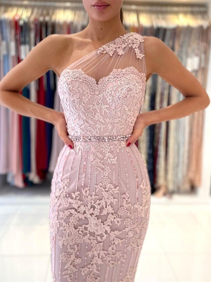 One Shoulder Blush Pink Lace Tulle Prom Dresses, Beaded Prom Dresses, –  ClaireBridal