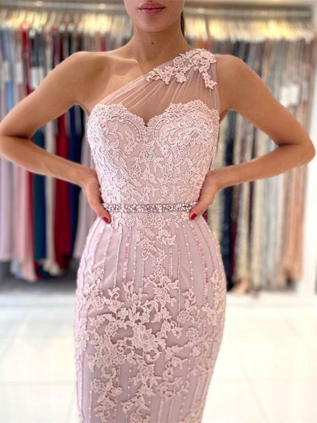 One Shoulder Blush Pink Lace Tulle Prom Dresses, Beaded Prom Dresses, 2023 Prom Dresses, Short Prom Dresses, Mermaid Prom Dresses