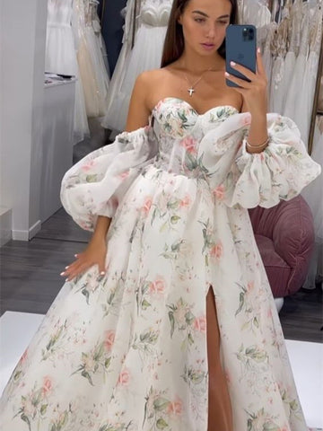 Sweetheart Long A-line Floral Wedding Dresses, Side Slit Wedding Dresses, Long Bridal Gown, Floral Prom Dresses, 2022 Newest Prom Dresses