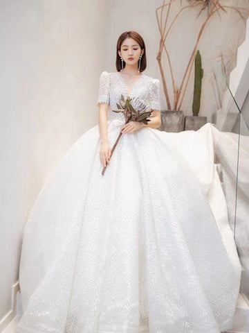 Gergeous A-line Popular 2021 Bridal Gowns, Elegant V-neck Beaded Wedding Dresses