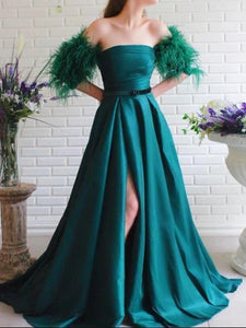 A-line Popular Feather Long Prom Dresses, High Slit 2020 Long Prom Dresses