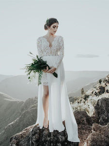 Long Sleeves V-neck Lace Wedding Dresses, Chiffon Beach Wedding Dresses