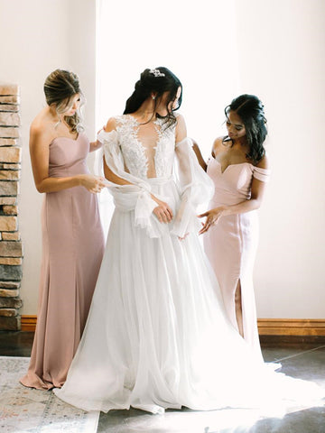 Deep V-neck Lace 2021 Wedding Dresses, Popular A-line Wedding Dresses, Bridal Gowns