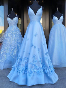 3D Flower Elegant Satin Long Prom Dresses, Modest V-neck 2020 Long Prom Dresses