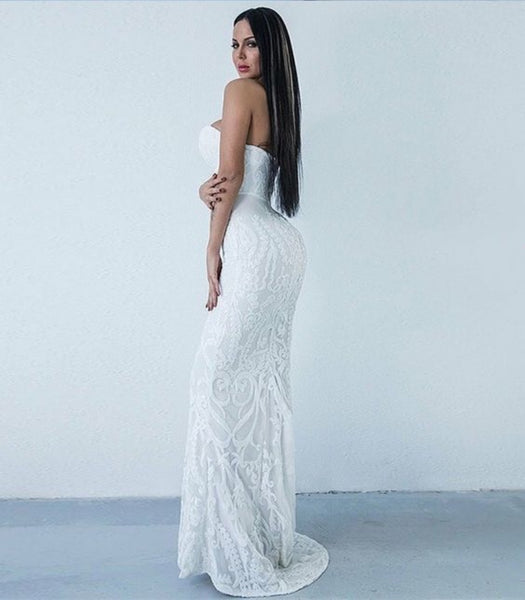 Sweetheart Mermaid Long Prom Dresses, Newest Lace Strapless Prom Dresses