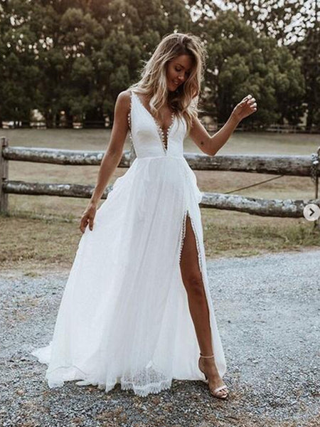 High Slit Simple Wedding Dresses, Popular 2020 Beach Lace Wedding Dresses