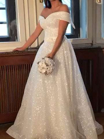 Off The Shoulder Shiny Wedding Dresses, High Fashion Custom A-line Wedding Dresses