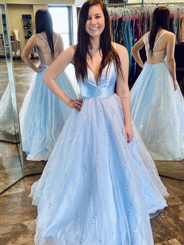 Sky Blue Popular A-line Long Prom Dresses, Sequins Elegant 2020 Newest Prom Dresses
