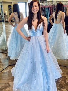 Sky Blue Popular A-line Long Prom Dresses, Sequins Elegant 2020 Newest Prom Dresses