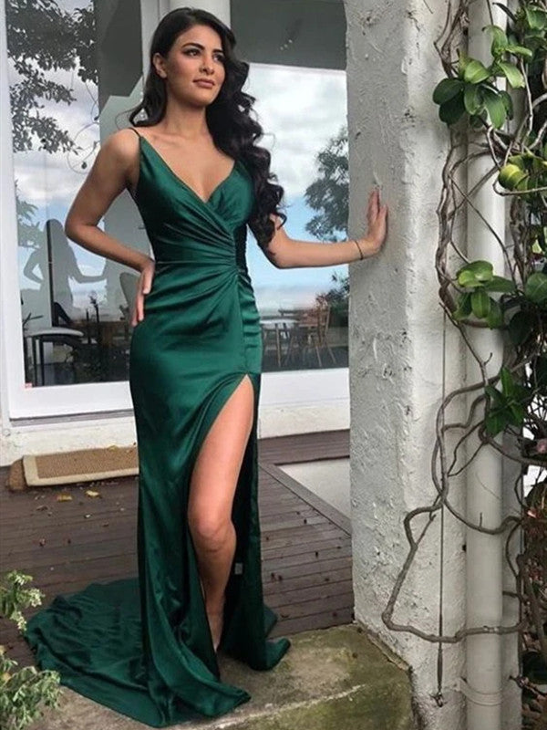 Spaghetti Straps V-neck Long Prom Dresses, Newest 2020 Mermaid Long Prom Dresses
