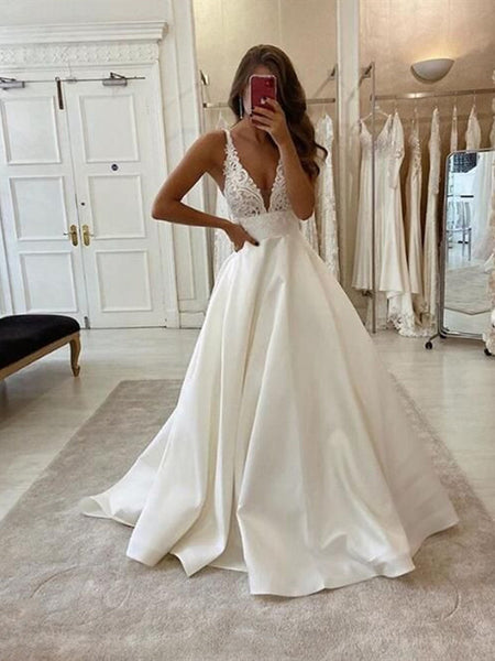 V-neck Simple Lace Wedding Dresses, A-line Newest Wedding Dresses