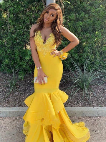 V-neck Lace Long Prom Dresses, Mermaid Popular 2020 Prom Dresses